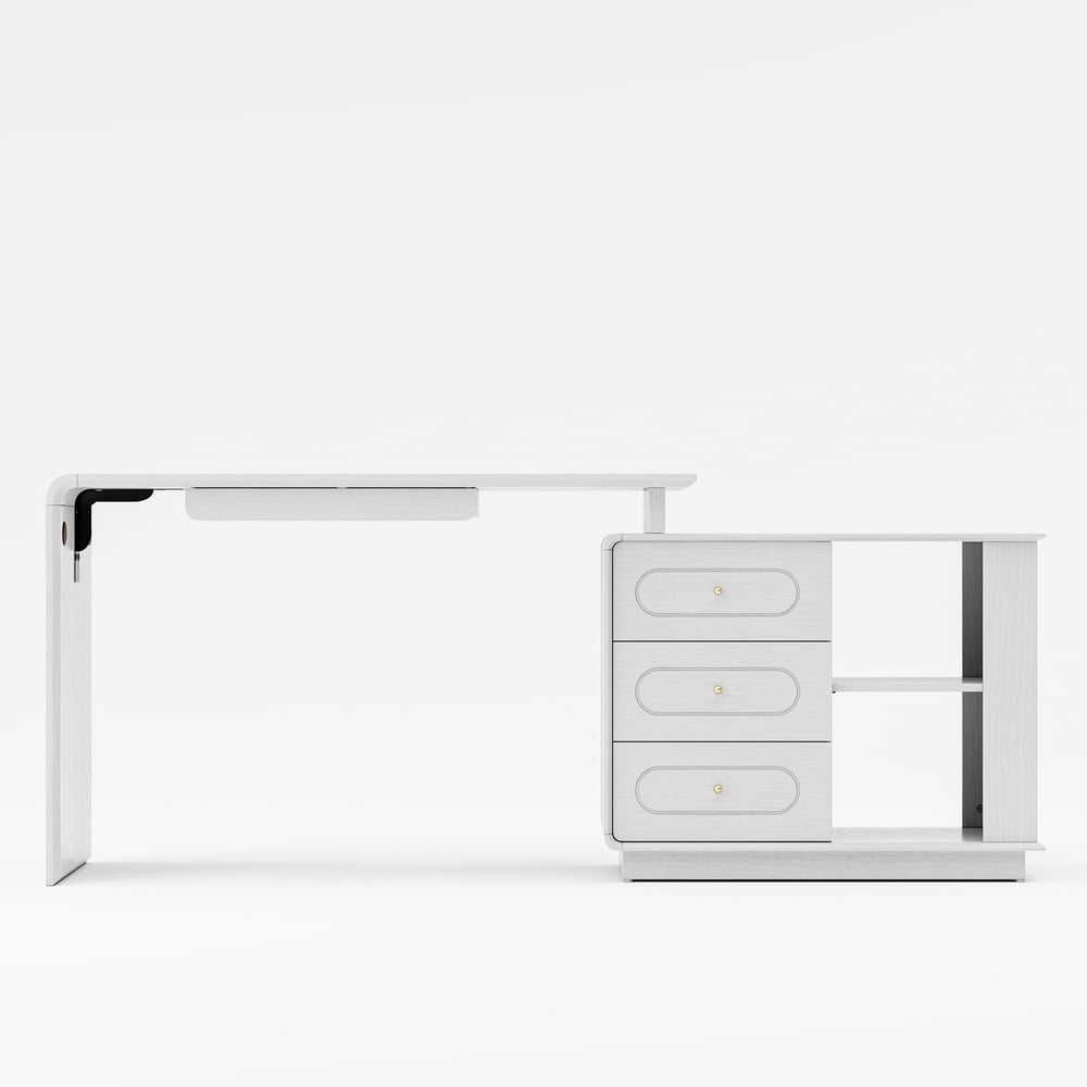 Modern 73" L-Shaped White Rotating Desk with Keyboard Tray & Storage window image