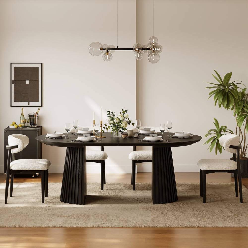 Modern 47"-79" Extendable Black Wood Dining Table with Fluted Base, Seats 4-6 window image