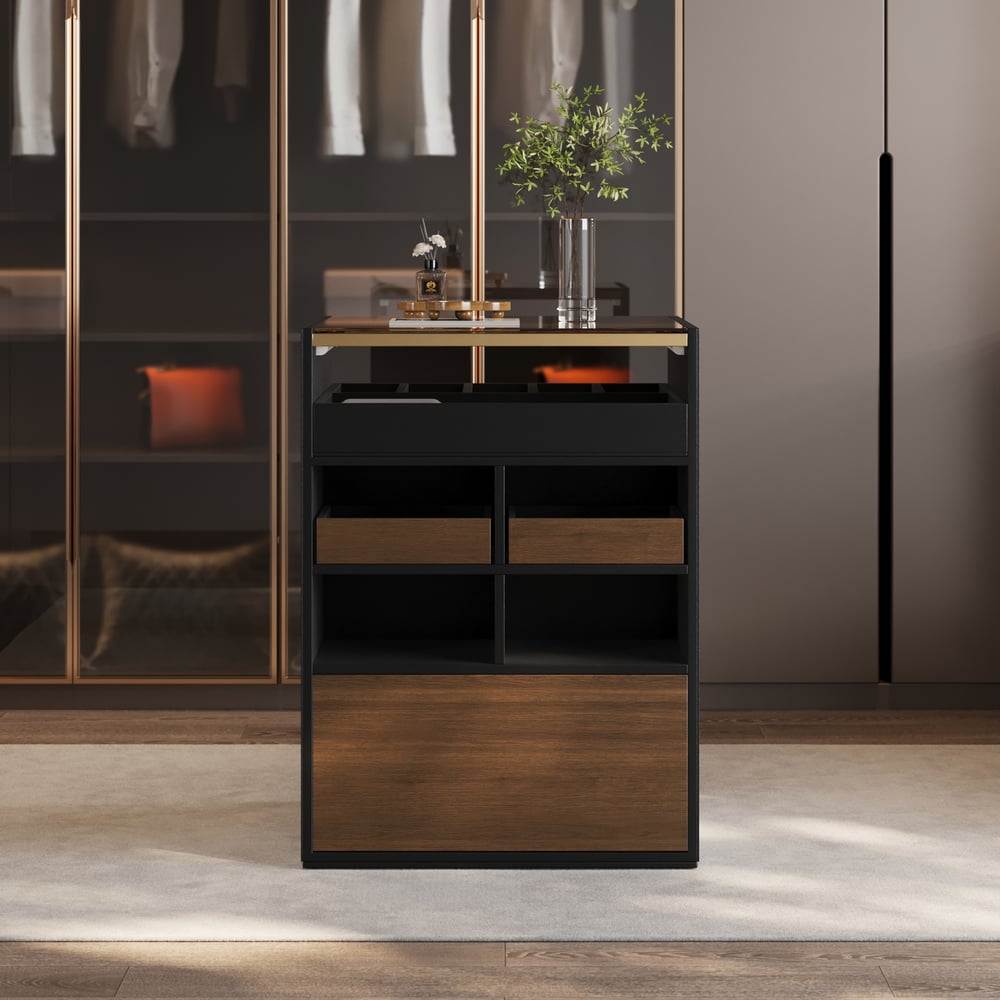 Saddle Leather 7-Dresser Walk-In Closet Island with Light & Jewelry Display window image