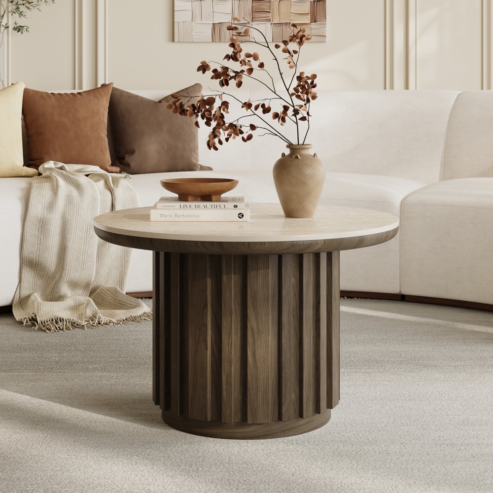 Table basse ronde à lattes en bois de frêne Aura avec plateau en pierre frittée image de fenêtre