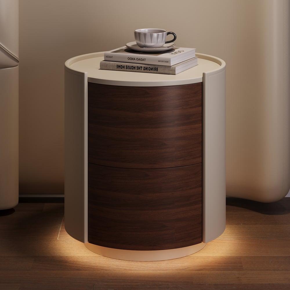 Modern Saddle Leather 2-Drawer Nightstand with Charging Station & Light window image
