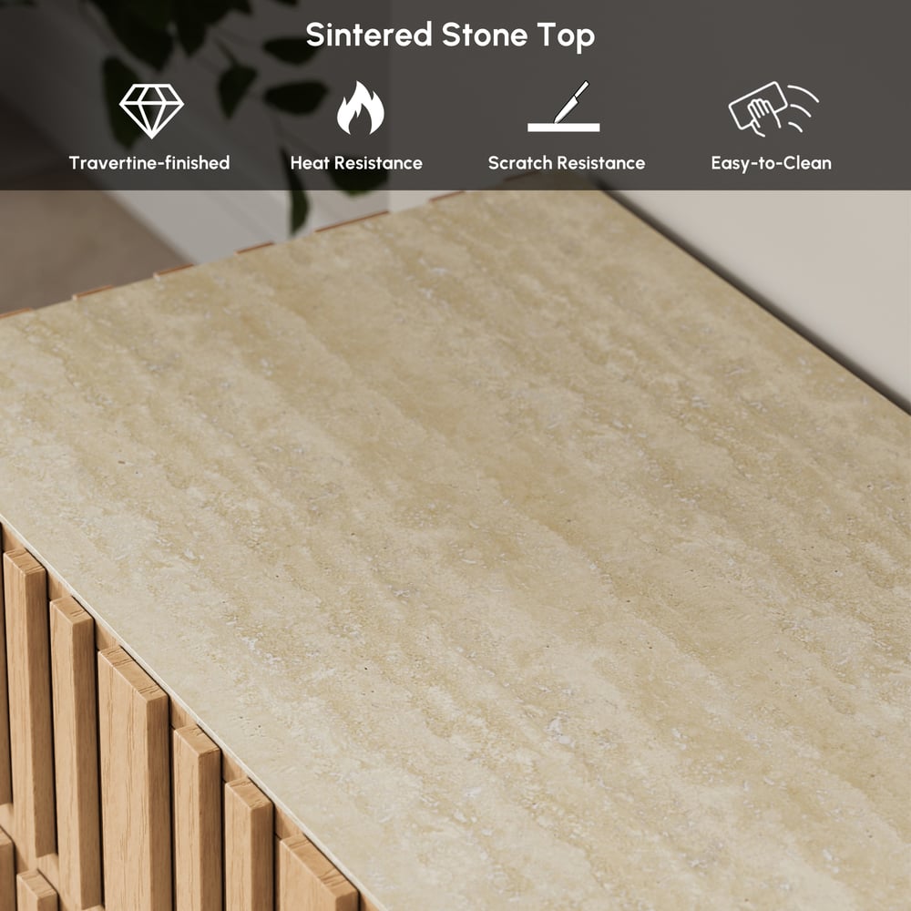 Aura 65" Ash Wood Slatted Natural TV Stand with Sintered Stone Top window image