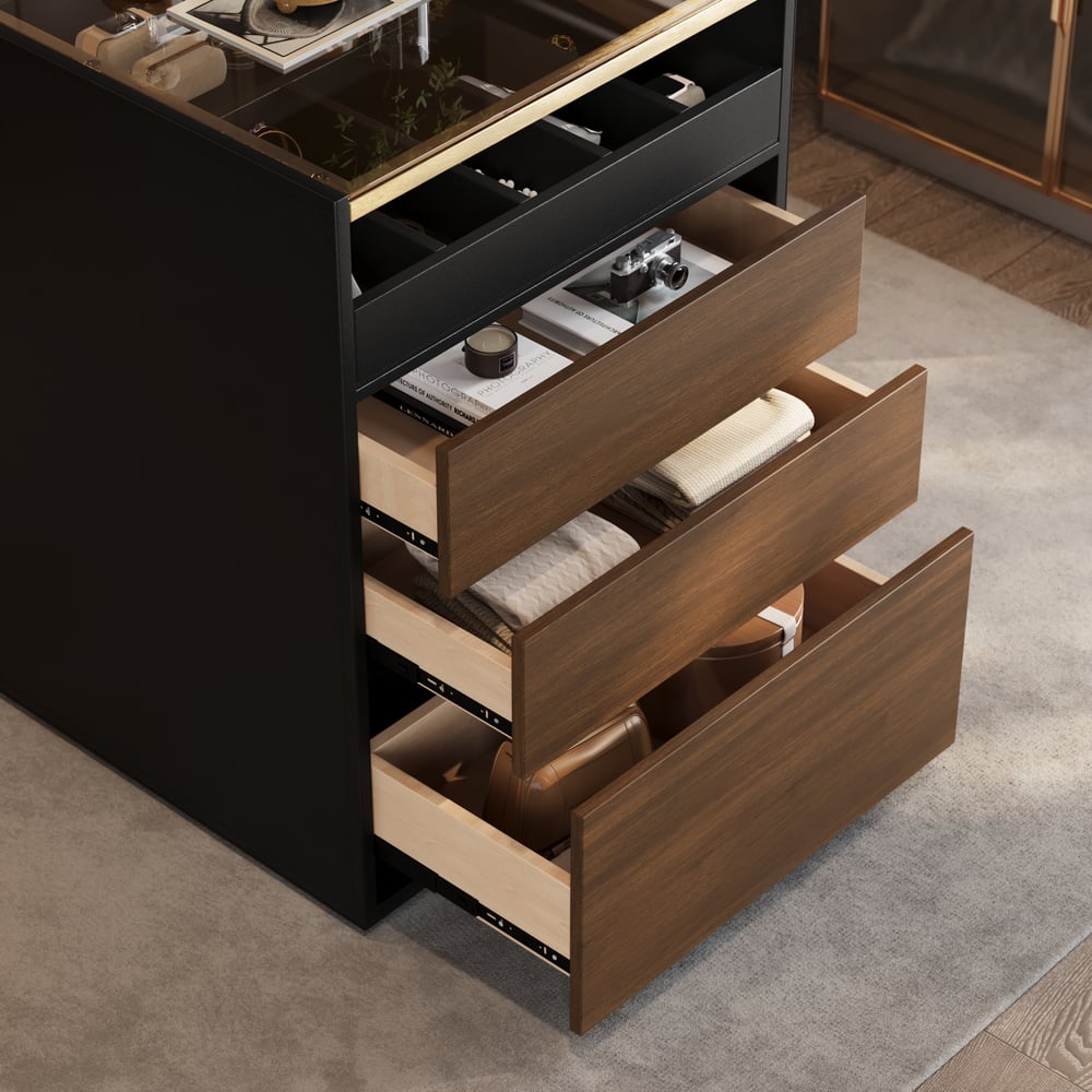 Saddle Leather 7-Dresser Walk-In Closet Island with Light & Jewelry Display window image