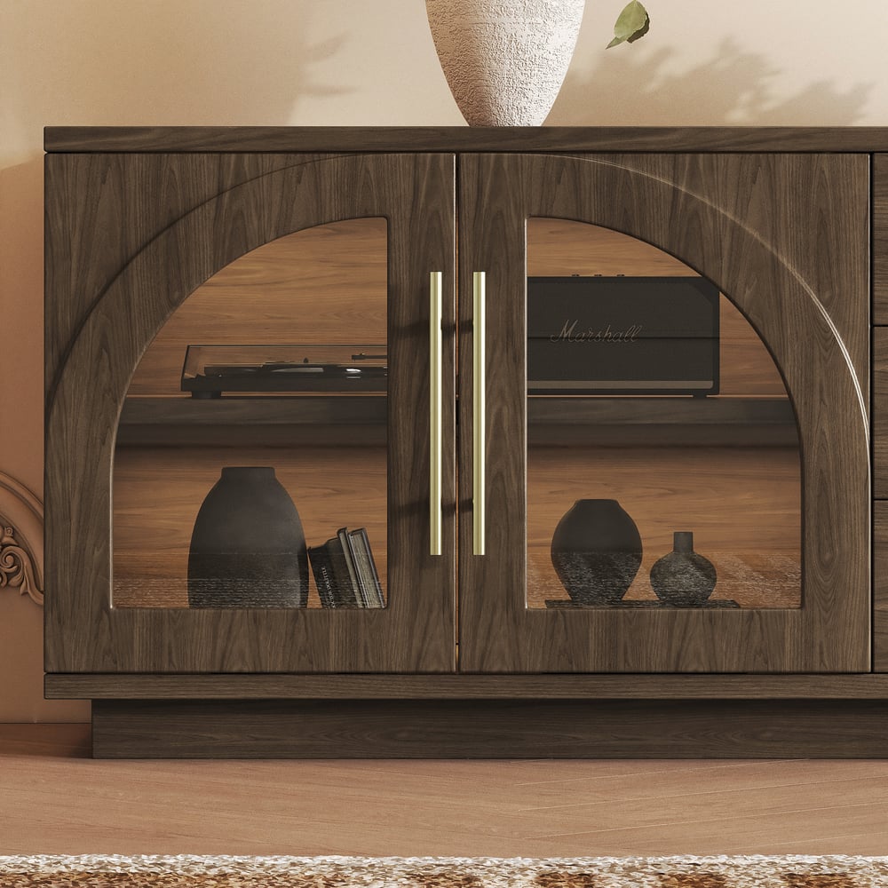 Arune 80" Arched Glass Doors Smoked Brown TV Stand with Storage and LED window image