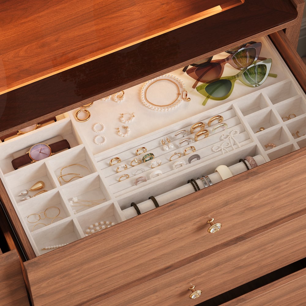 Modern 47" Tempered Glass Top 8-Drawer White Dresser with LED & Jewelry Trays window image