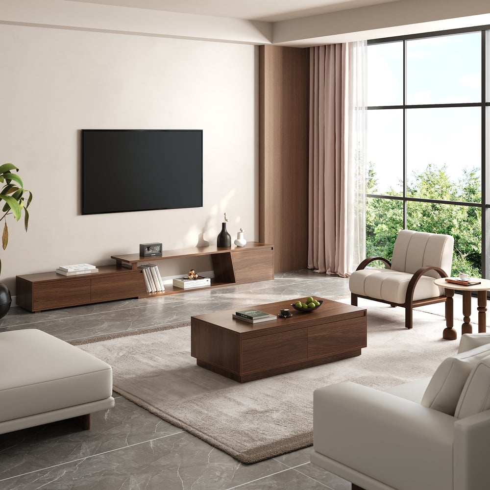 Ensemble meuble TV Fero en bois blanc et noyer, meuble TV extensible et table basse rectangulaire image de fenêtre