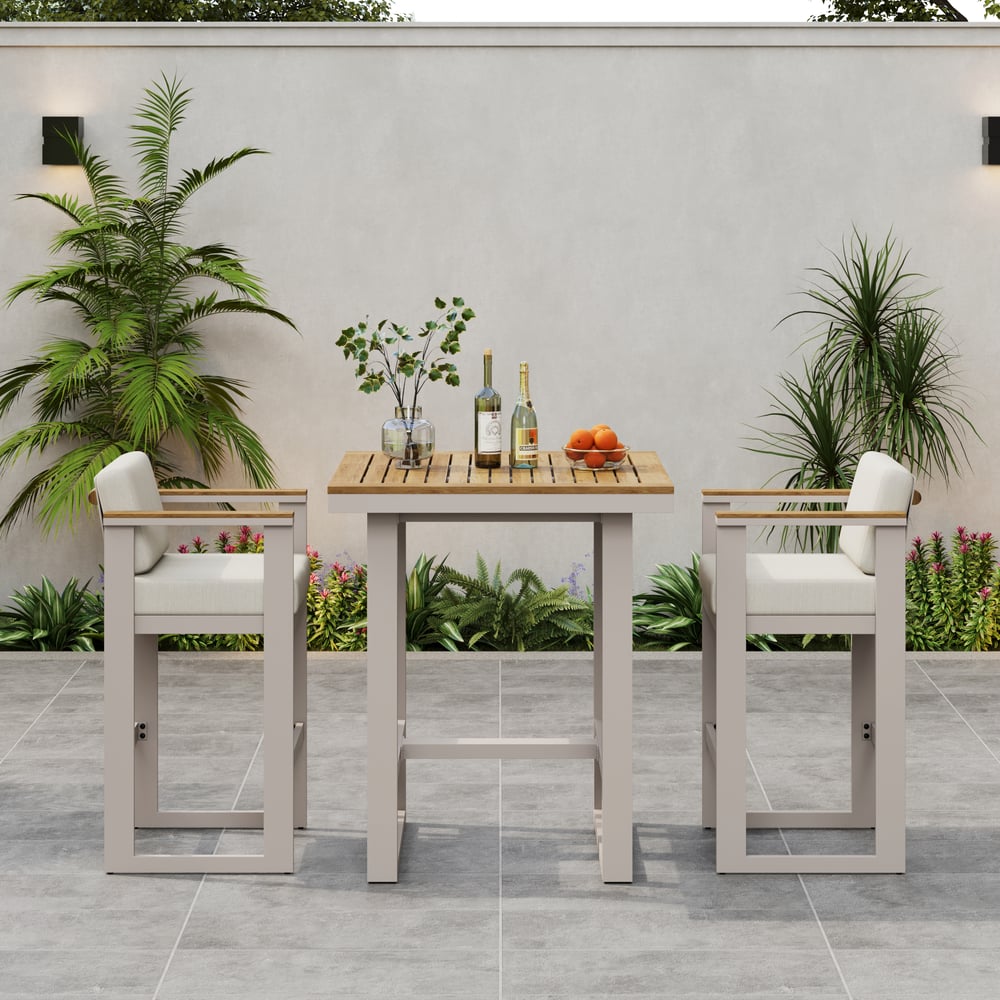Tevara Outdoor Square Bar Table with Teak Wood Slat Top & Aluminum Frame in Sand window image