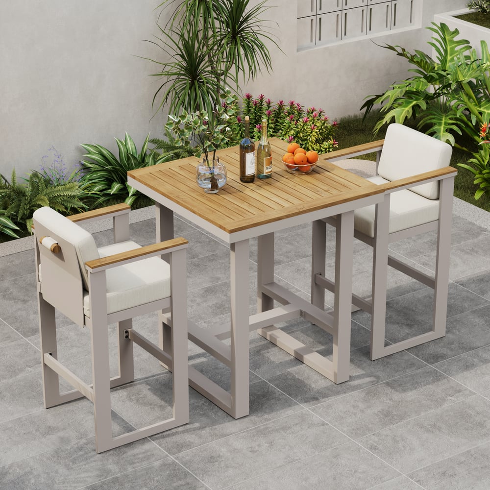 Tevara Outdoor Square Bar Table with Teak Wood Slat Top & Aluminum Frame in Sand window image