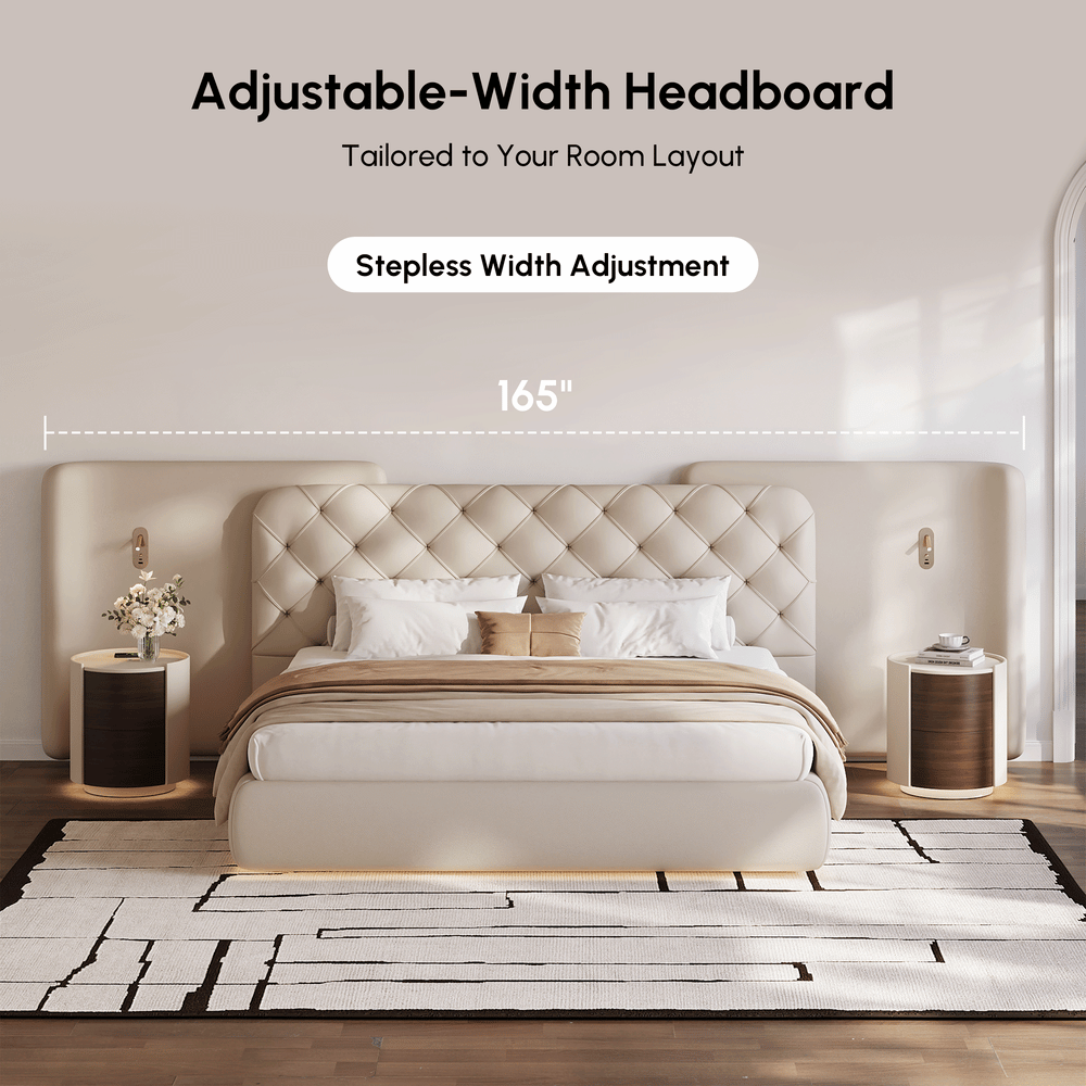 Modern King Genuine Leather Tufted Bed with Wide Charging Headboard & Light window image