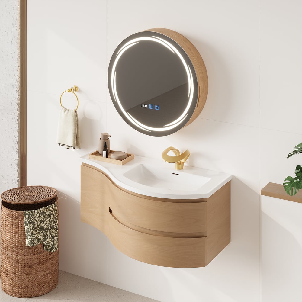 Floating Curved Bathroom Vanity & LED Medicine Cabinet Set window image