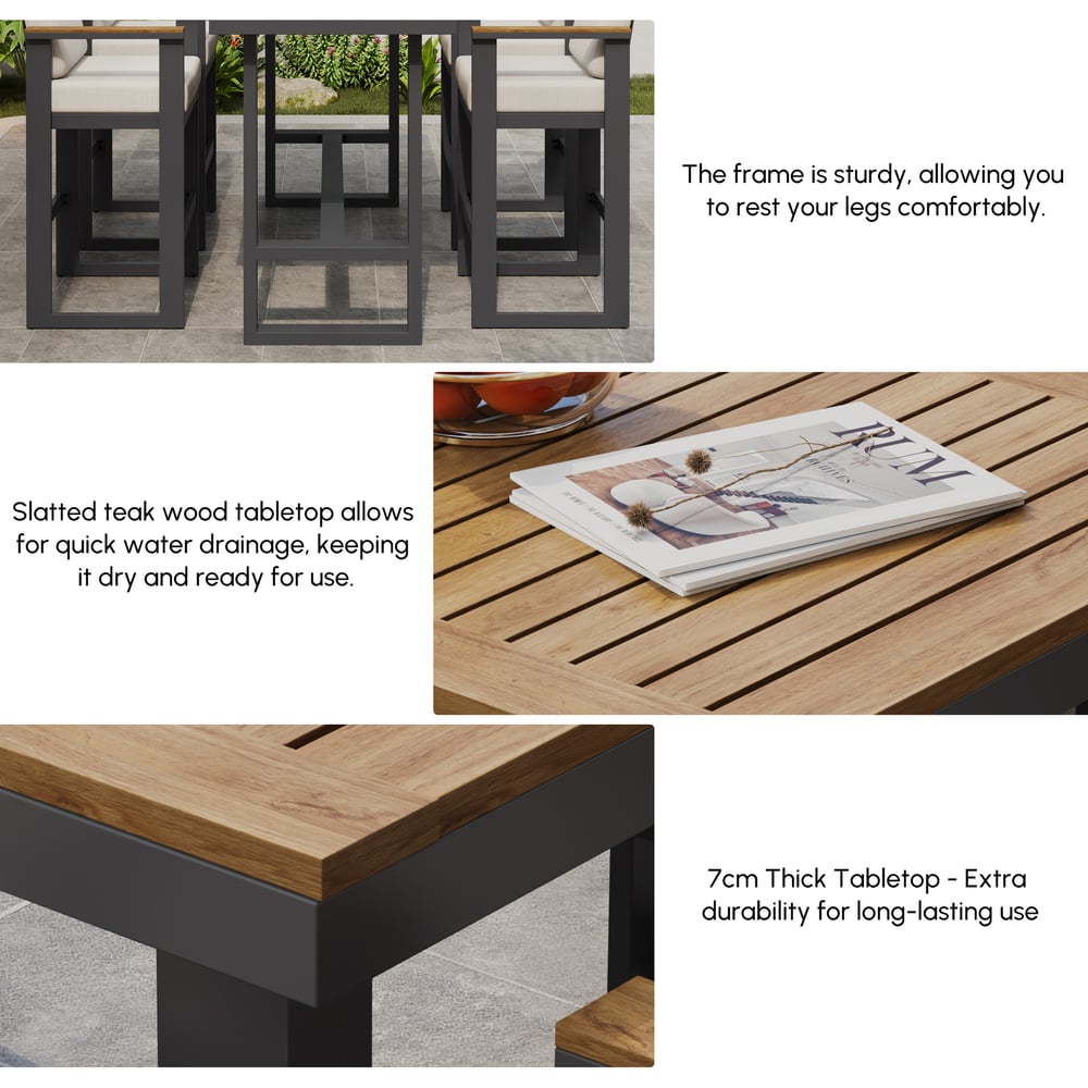 Tevara Teakhouten Moderne Outdoor Bar Set Donkergrijs Frame & Warm Wit Kussen Vensterafbeelding