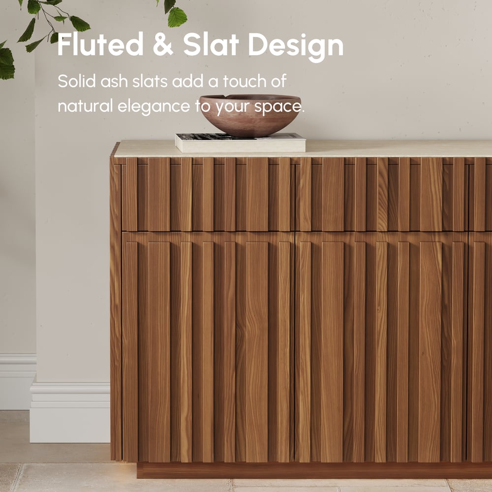 Aura 65" Ash Wood Slatted Walnut TV Stand with Sintered Stone Top window image