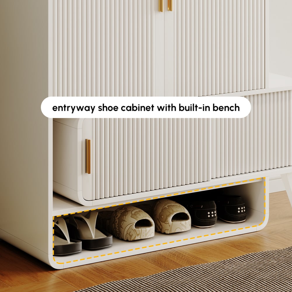 37" Warm White Shoe Storage Fluted Entryway Cabinet, Right Hand window image