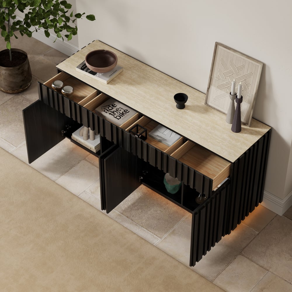 Aura 65" Ash Wood Slatted Black TV Stand with Sintered Stone Top window image