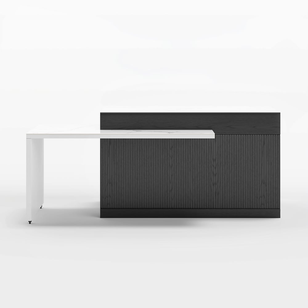 81"–112" Modern Extendable Glossy Sintered Stone Kitchen Island with Storage, White & Black window image