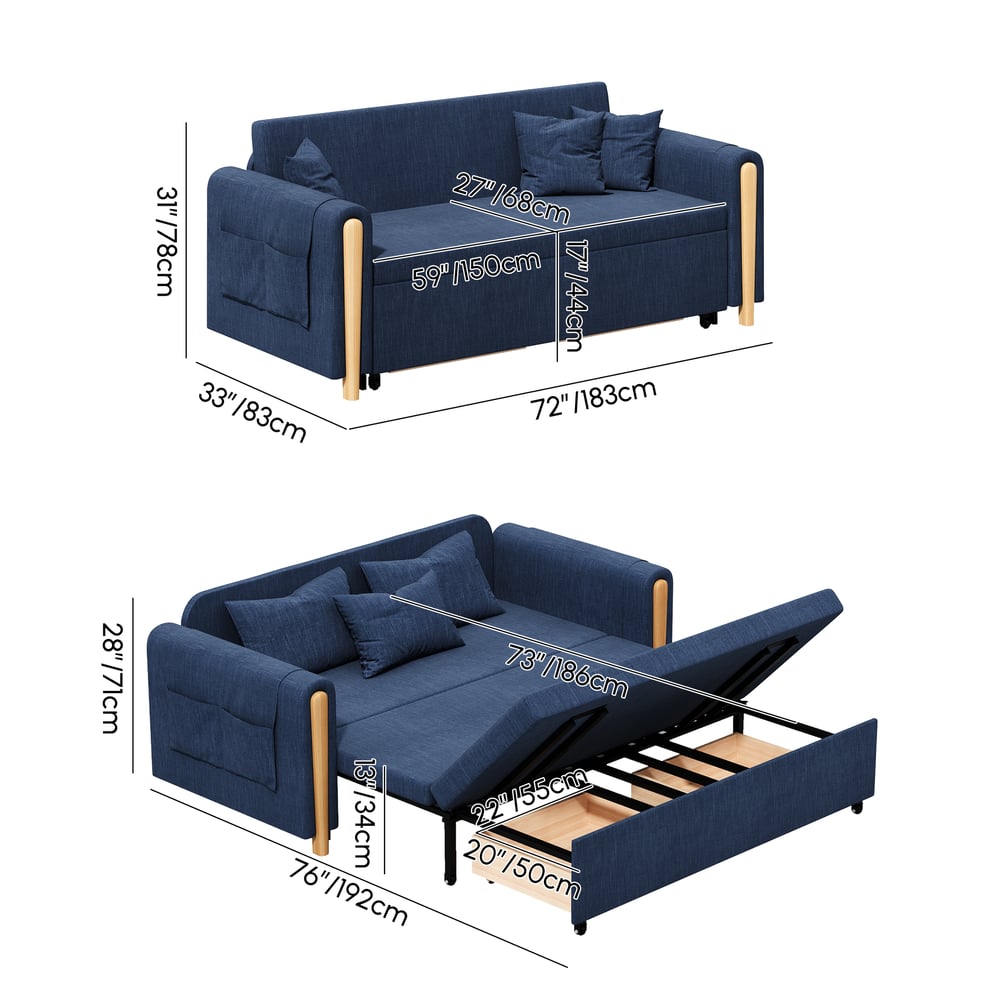 72" Full 2-Seater Linen Convertible Sleeper Sofa weights dimensions image