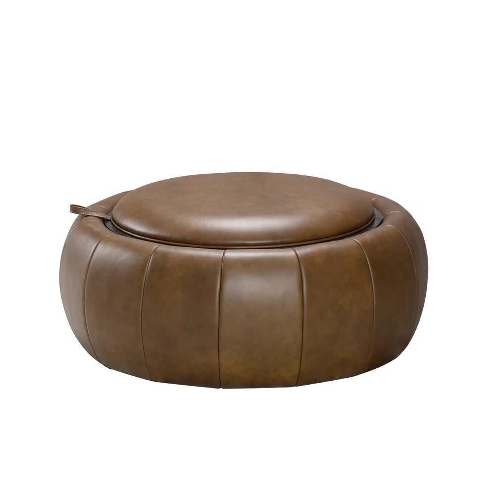 Modern 39" Round Performance Leather Ottoman Coffee Table with Hidden Storage window image