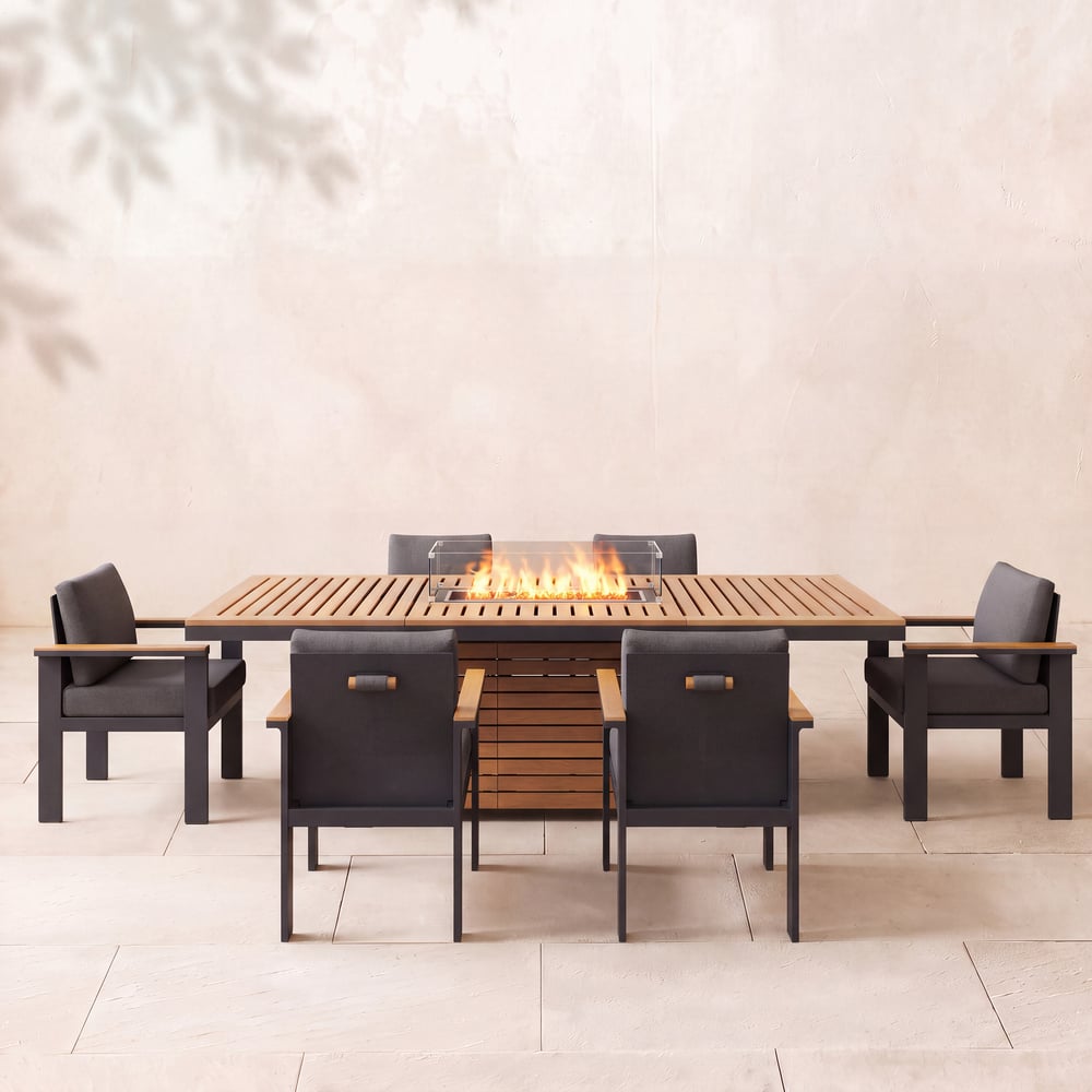 Tevara 7 Pieces Outdoor Dining Set with Propane Fire Pit Table & Aluminum Armchair window image