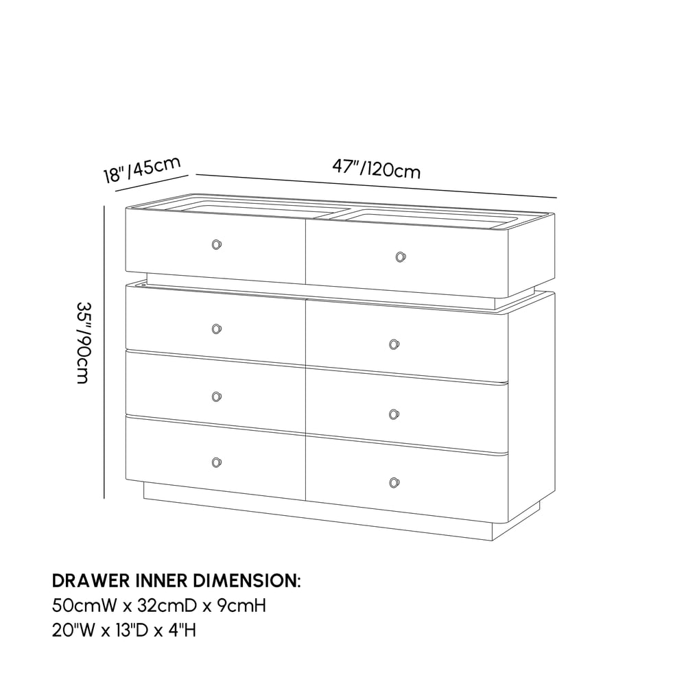Modern 47" Tempered Glass Top 8-Drawer White Dresser with LED & Jewelry Trays weights dimensions image