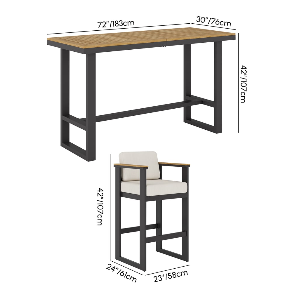 Tevara Teakhouten Moderne Outdoor Bar Set Donkergrijs Frame & Warm Wit Kussen Afbeelding met gewichten en afmetingen