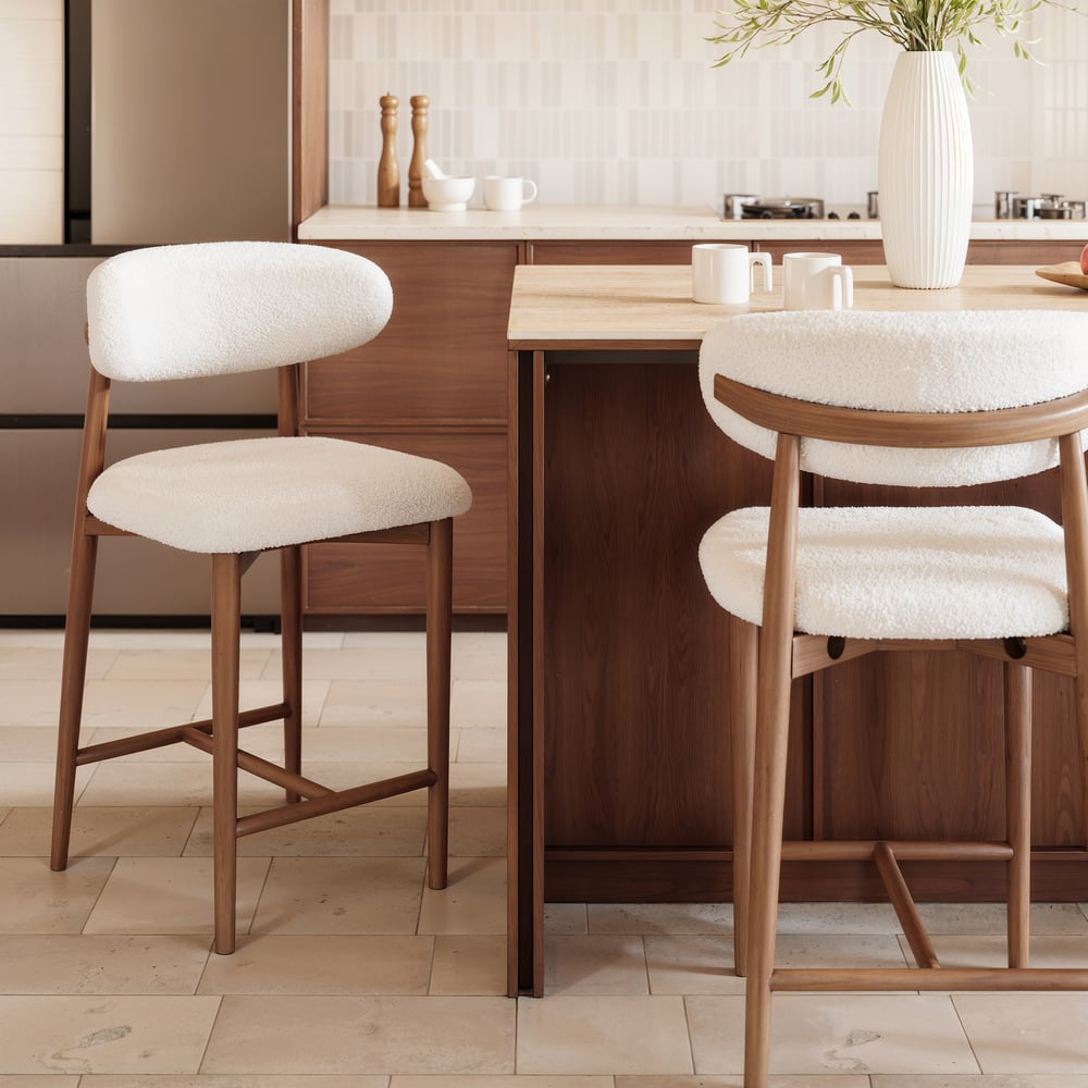 Modern Walnut Boucle Counter Stool with Wooden Legs, 1 Piece window image