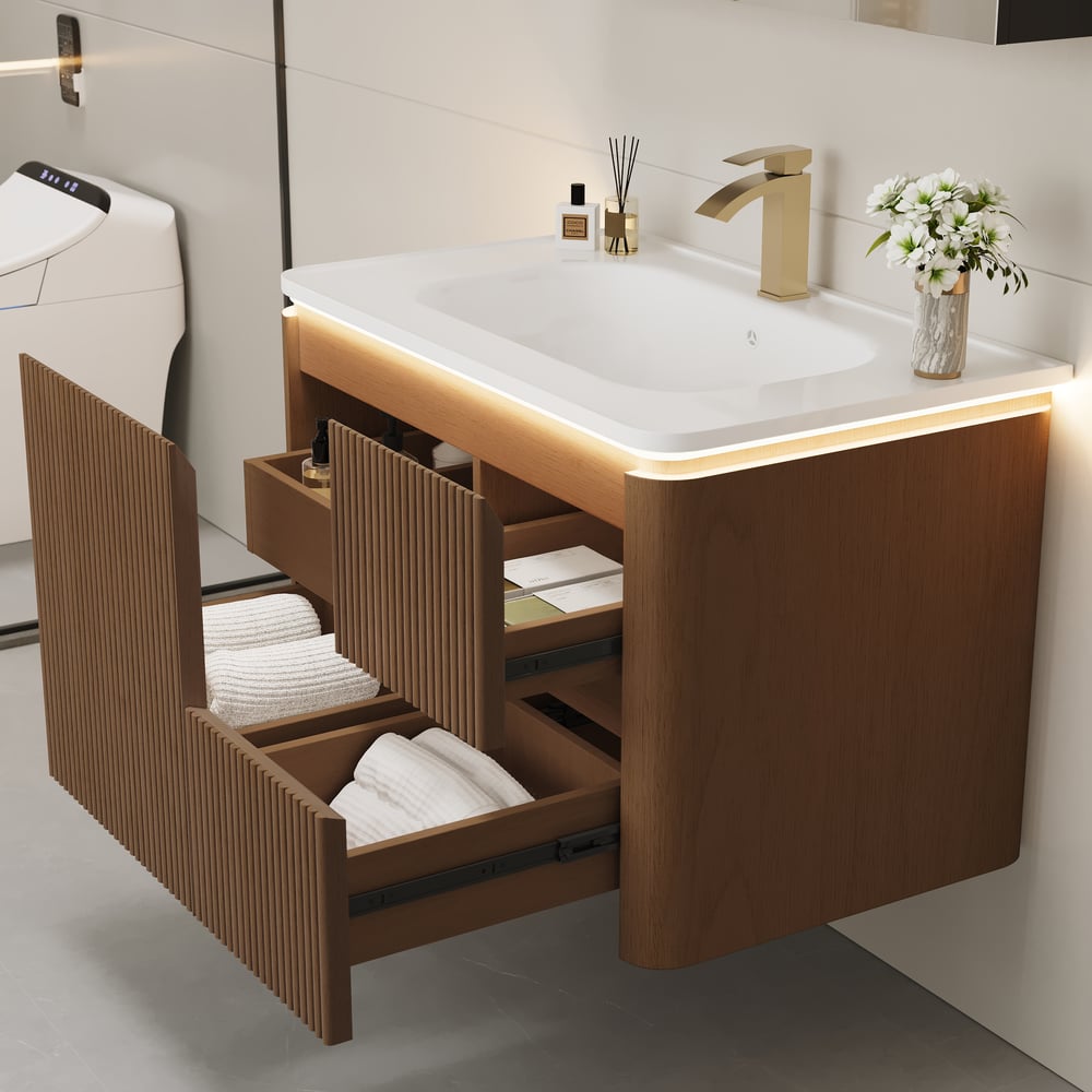 Meuble-lavabo de salle de bain flottant cannelé moderne de 81 cm avec lavabo, éclairage LED doux et grand espace de rangement image de fenêtre