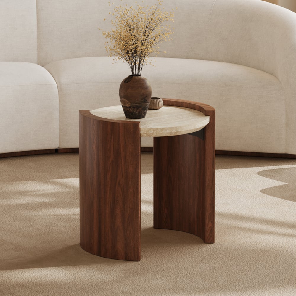 Table d'appoint ronde en noyer de 20 pouces avec plateau en travertin image de fenêtre