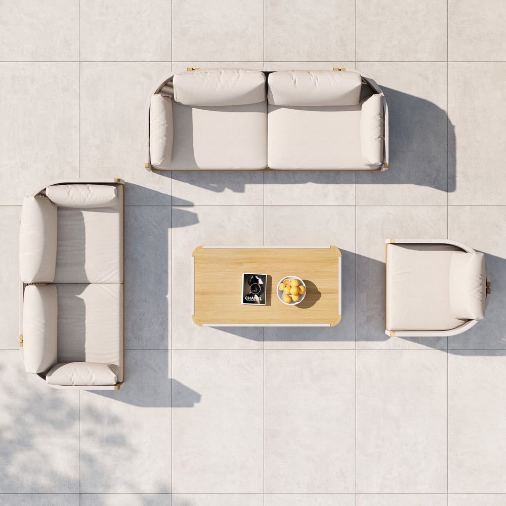 Costra Modern Aluminum & Rope Outdoor Swivel Sofa Set with Coffee Table & Cover in Ivory window image