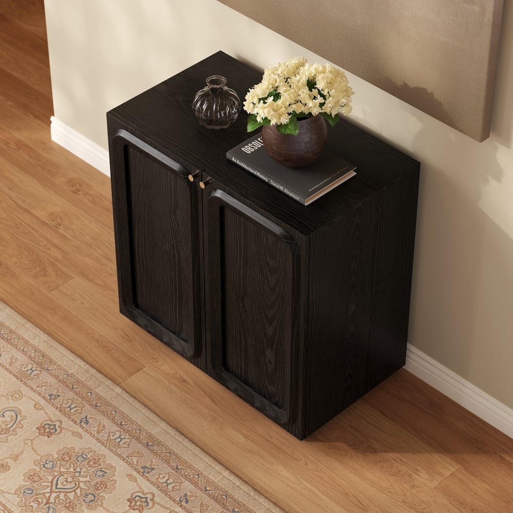 31" Ash Wood Veneer TV Stand with Wood Doors & Storage window image