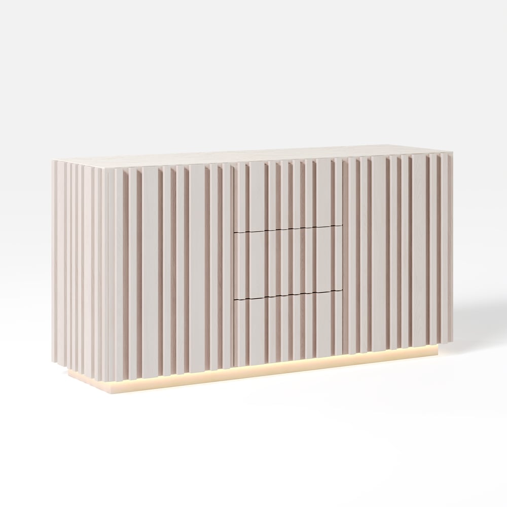 Buffet Aura 152,4 cm (60") avec plateau imitation travertin blanchi, panneaux à lattes en bois de frêne et éclairage image de fenêtre