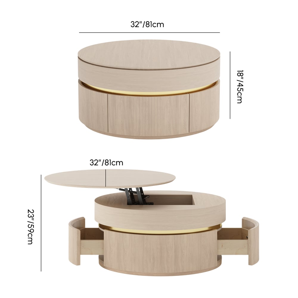 Table basse ronde à plateau relevable cannelé de 32 pouces avec 2 tiroirs Poids, dimensions, image