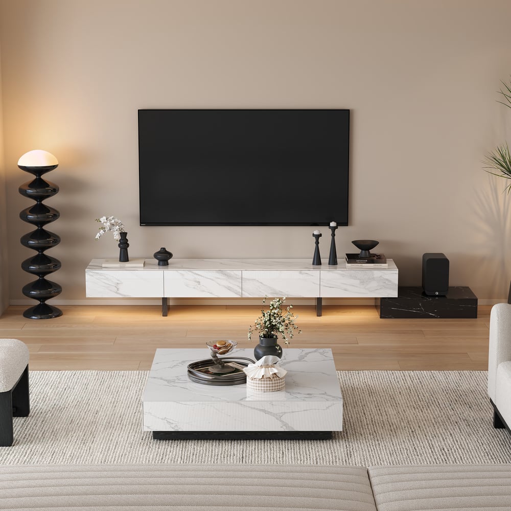 Meuble TV extensible de 87"-106" avec plateau en pierre frittée et 5 tiroirs image de fenêtre