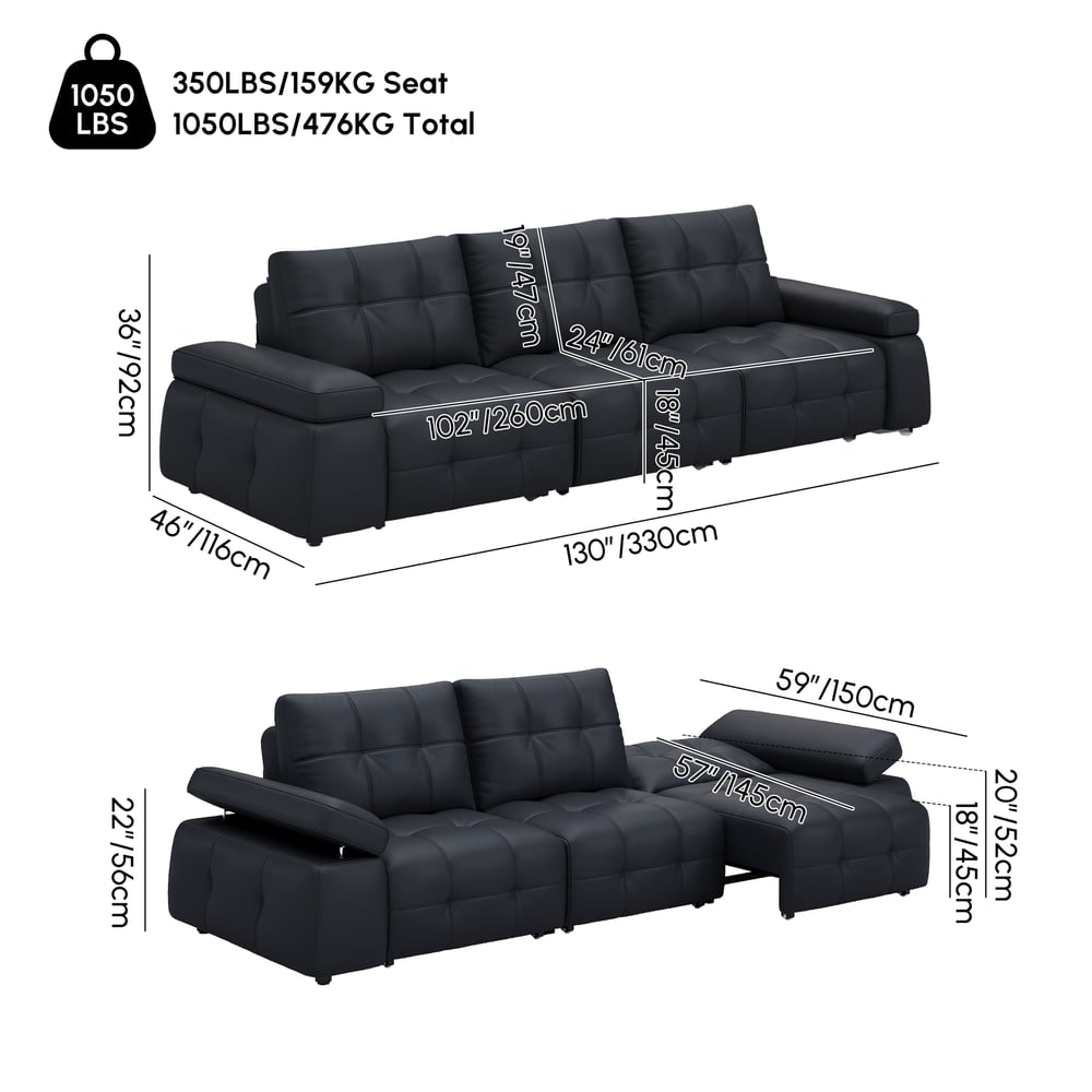 130" 3-Seater Genuine Leather Power Convertible Sleeper Sofa with Adjustable Armrests weights dimensions image