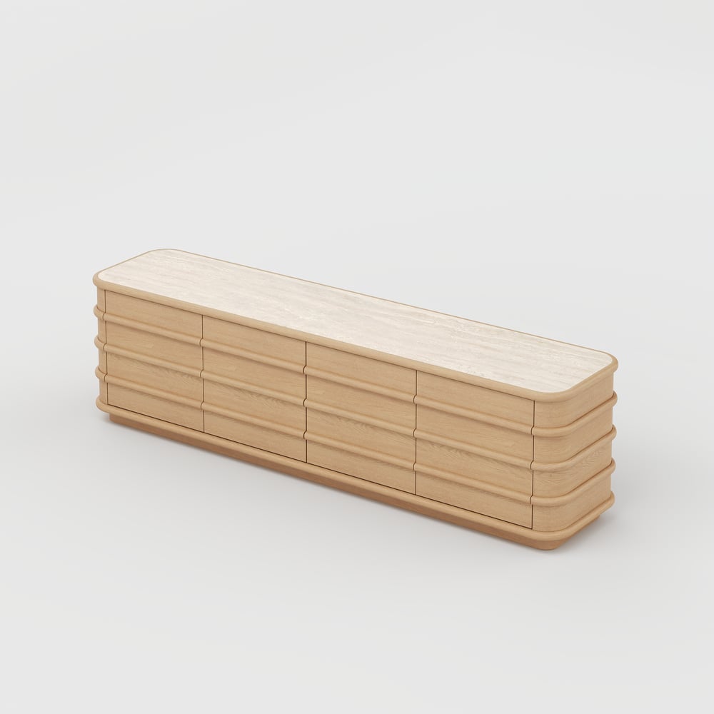 Meuble TV de 80" en bois de frêne avec plateau en pierre frittée image de fenêtre