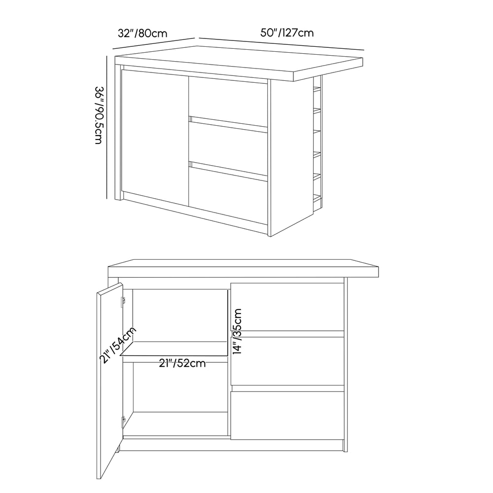 Modern 50" Wood Kitchen Island with Storage, White & Black weights dimensions image