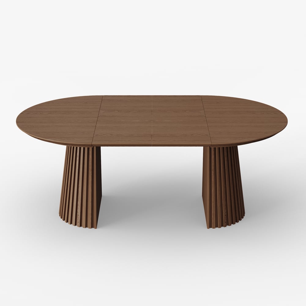 Modern 47"-79" Extendable Walnut Wood Dining Table with Fluted Base, Seats 4-6 window image