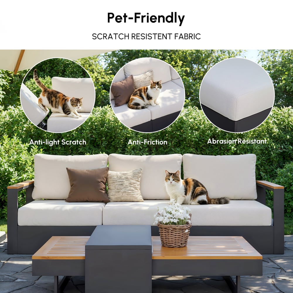 Tevara 6-Person Outdoor Sofa Set with Wood & Aluminum Frame, Dark Gray & Warm White window image