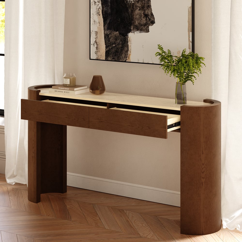 Console ovale Japandi de 60 pouces en pierre frittée avec 2 tiroirs image de fenêtre
