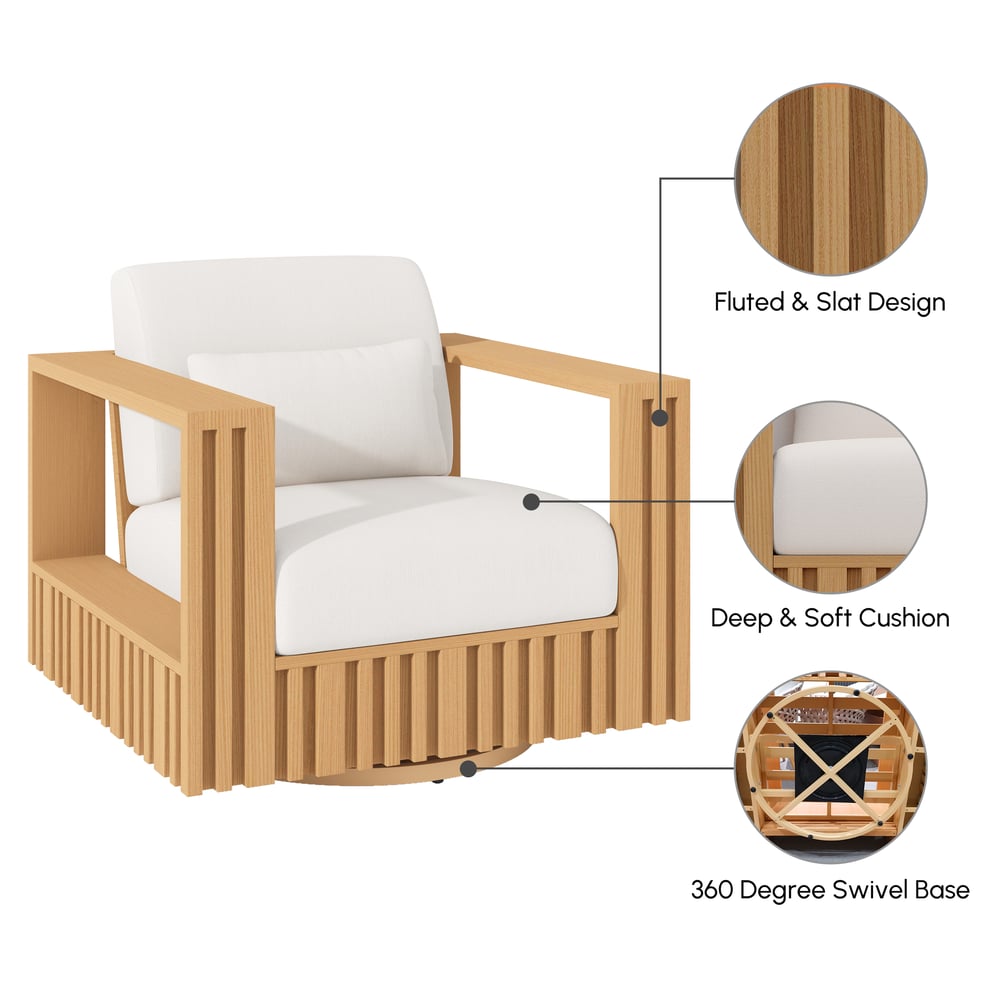 Modern Outdoor Sculptural Fluted 360-Degree Swivel Accent Chair in Natural window image