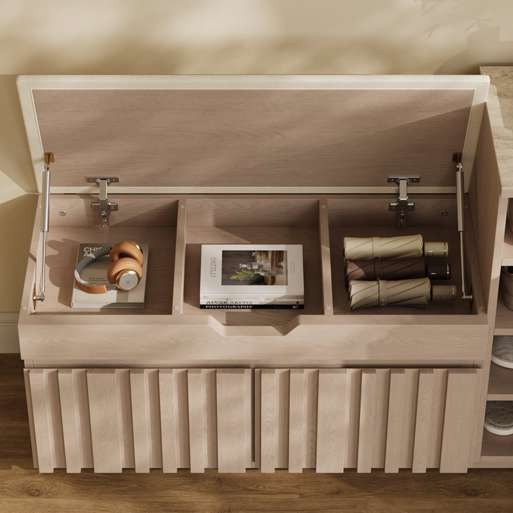 Banc de rangement pour chaussures en bois Aura 47 po avec armoire sur le côté droit pour l'entrée image de fenêtre