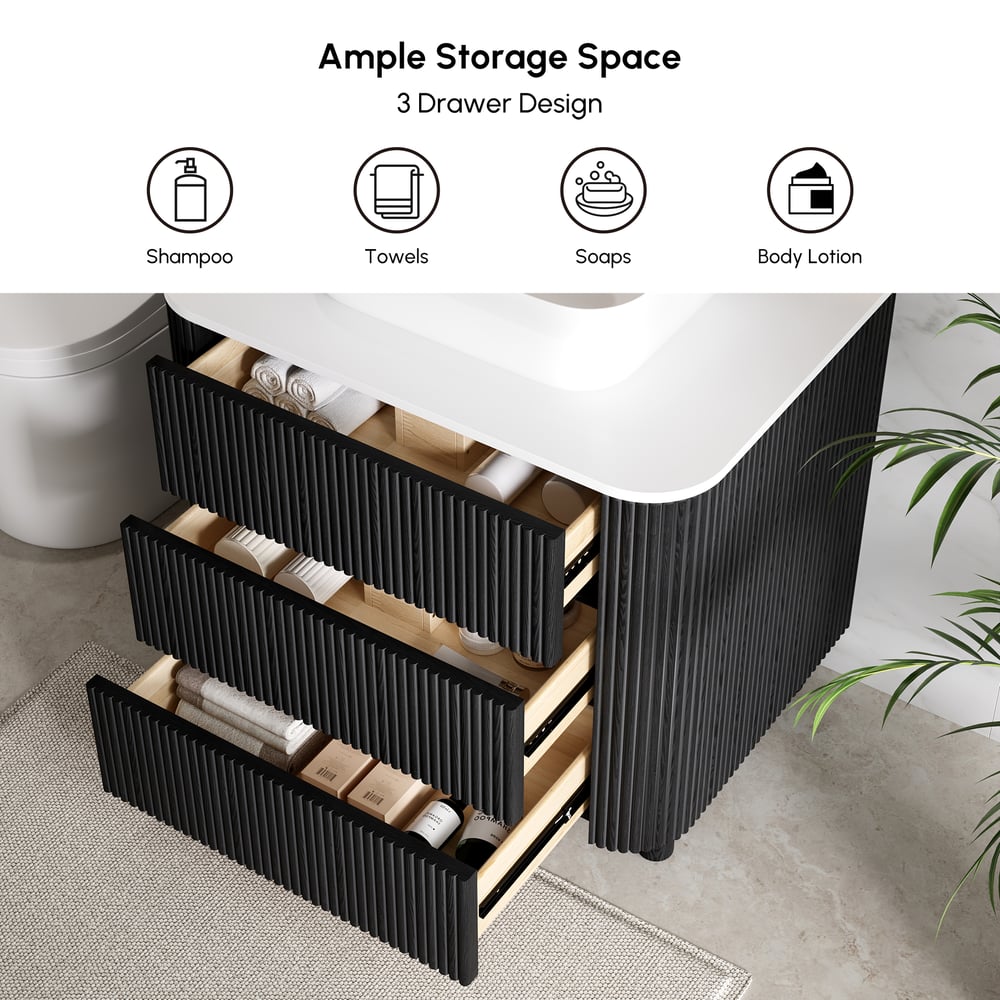 80cm Fluted Freestanding Bathroom Vanity with Vessel Sink, 3-Drawers, Sintered Stone top window image