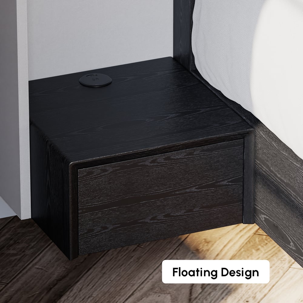 King Solid Wood Bed with Leather Extended Headboard & Floating Smart Nightstand Set window image