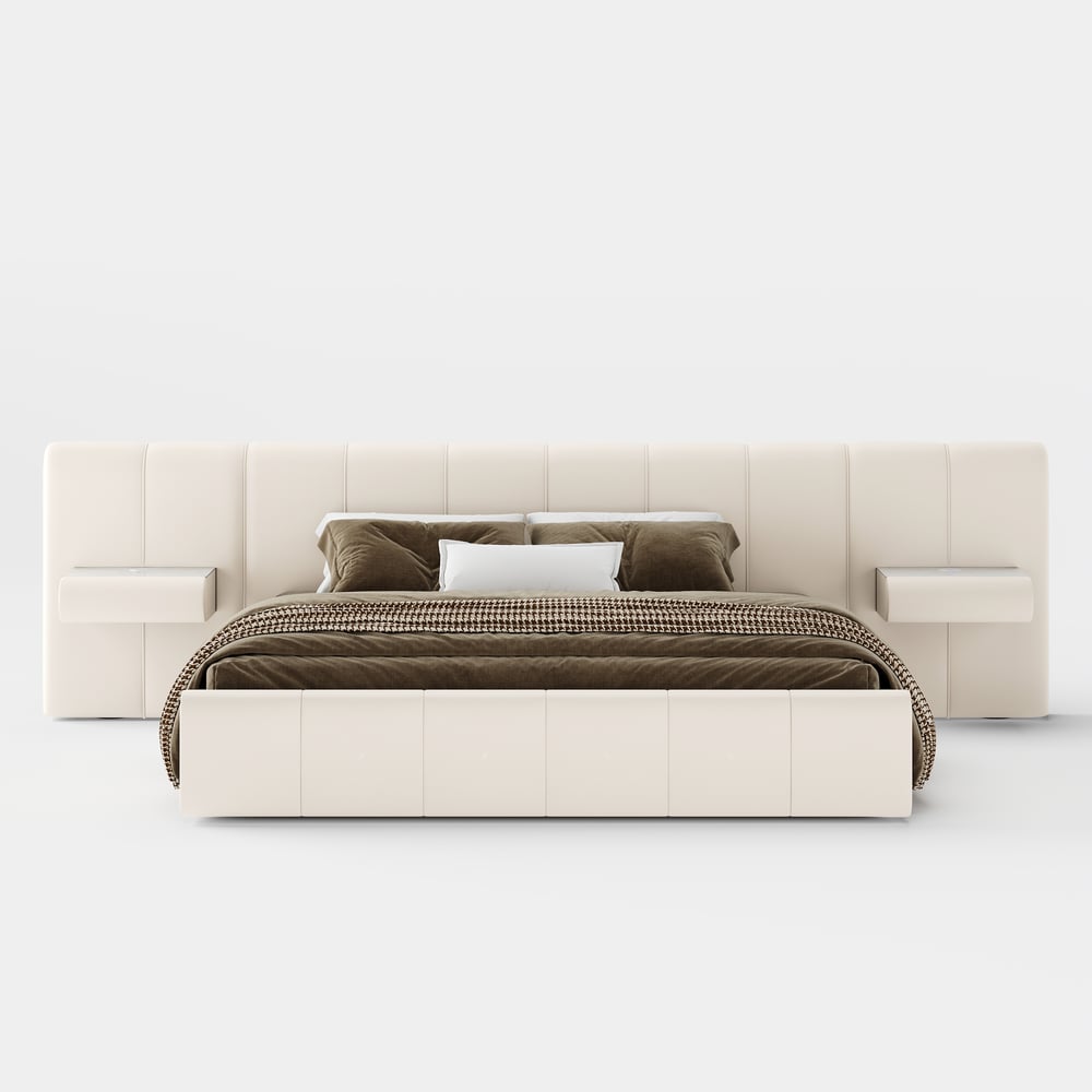 Humply King Size Upholstered Bed with Wide Headboard & Floating Smart Nightstand Set window image