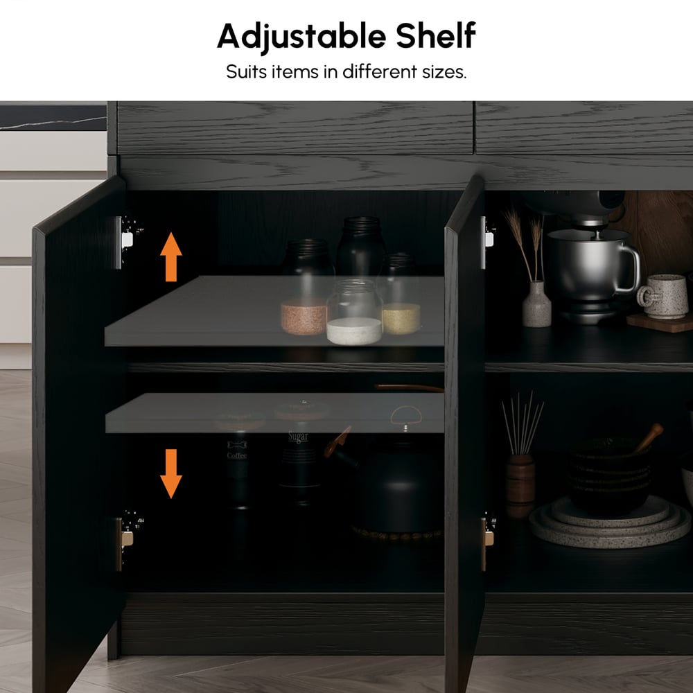 Îlot de cuisine en bois extensible de 81 à 112 pouces avec rangement, noir image de fenêtre
