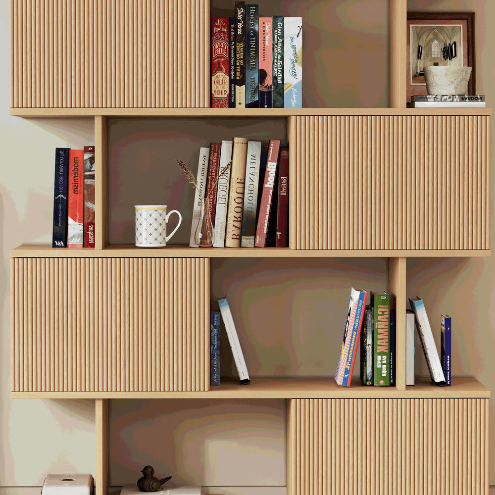 72.8" Natural Sliding Door Etagere Bookshelf 5-Shelf Tall Book Shelf Rich Storage window image
