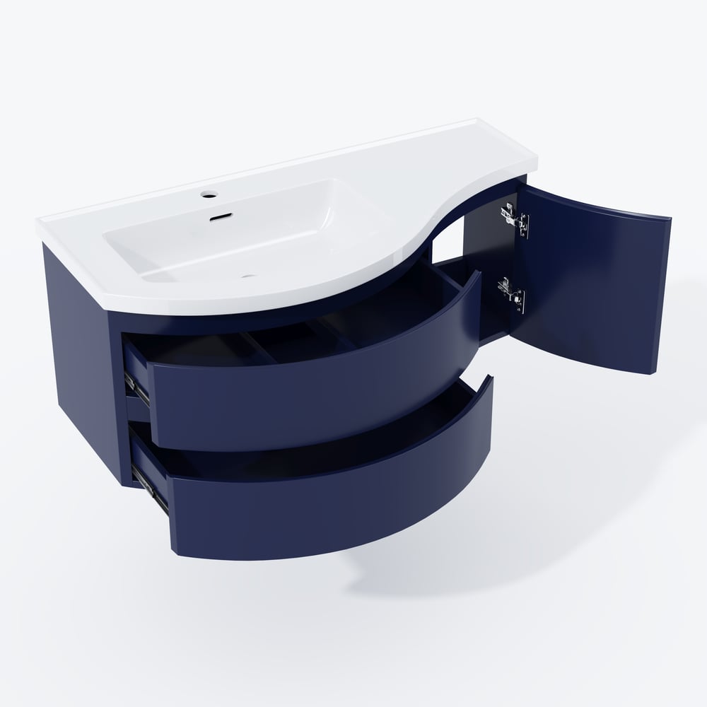 35" Navy Floating Single Curved Bathroom Vanity with Sink & Storage window image