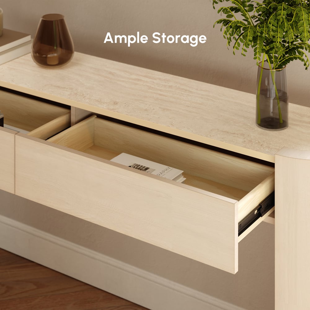 Console ovale Japandi de 60 pouces en pierre frittée avec 2 tiroirs image de fenêtre