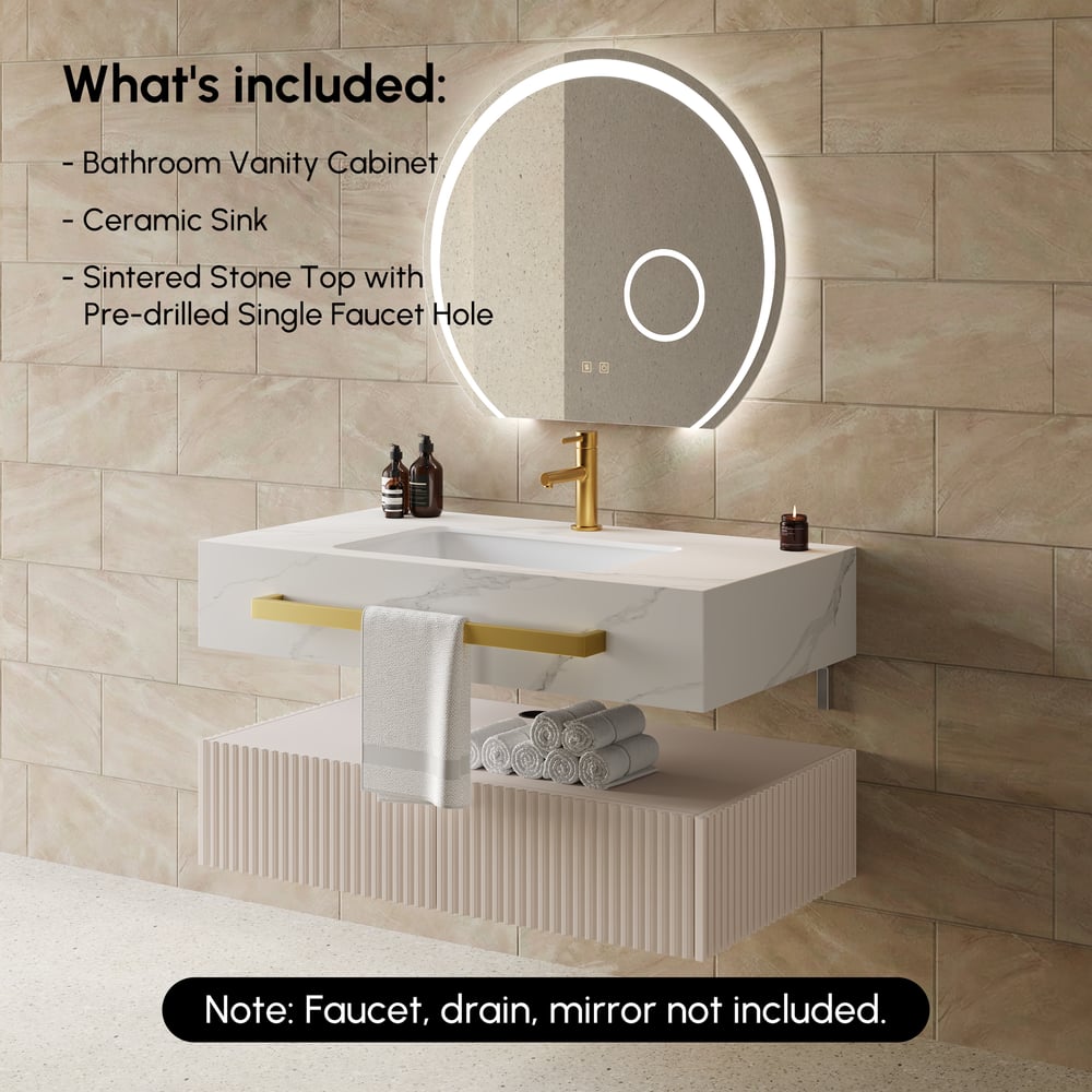 Mueble de baño flotante de 91 cm (36") con doble lavabo, encimera de piedra sinterizada, toallero dorado Imagen de ventana