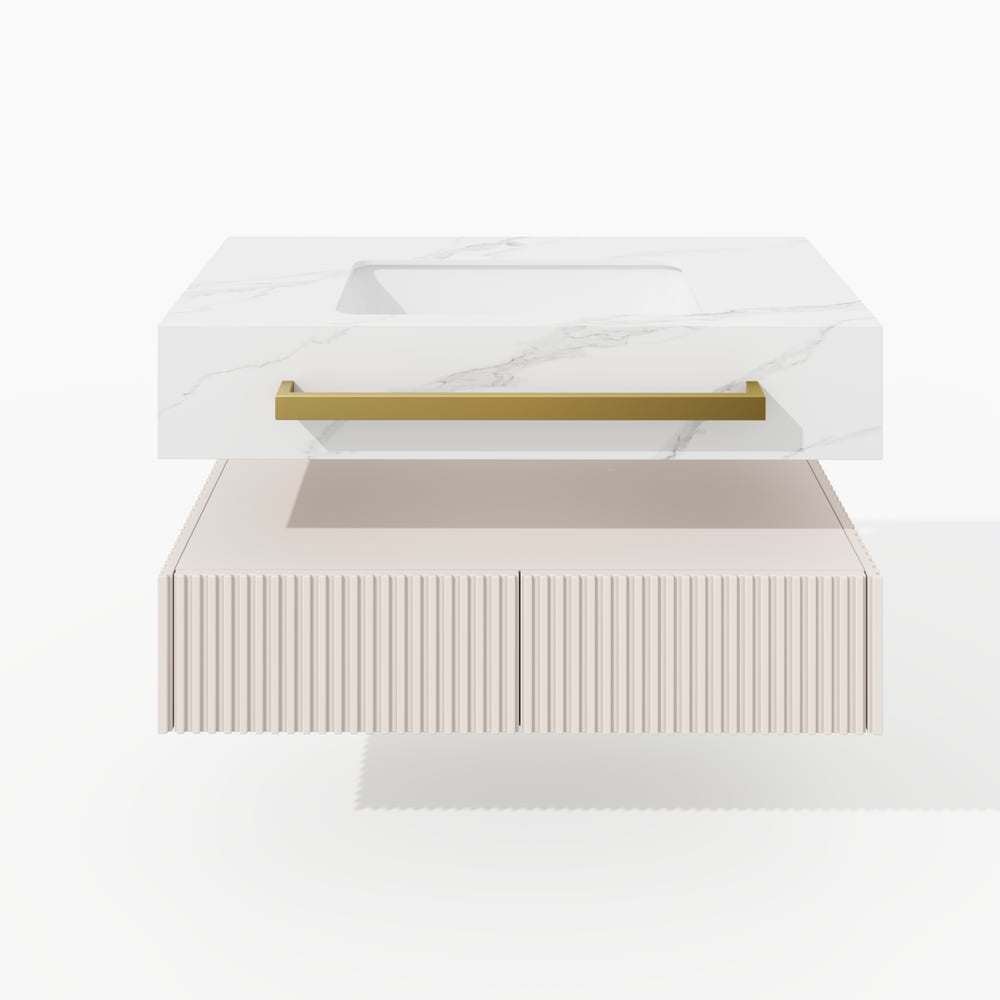 Mueble de baño flotante de 91 cm (36") con doble lavabo, encimera de piedra sinterizada, toallero dorado Imagen de ventana
