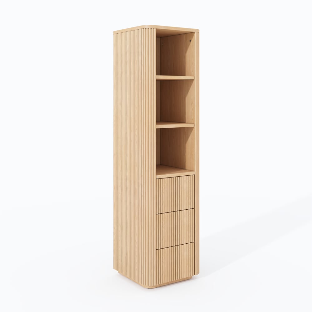 Fluted 58" Bathroom Linen Cabinet with 3 Drawers and Open Shelves window image
